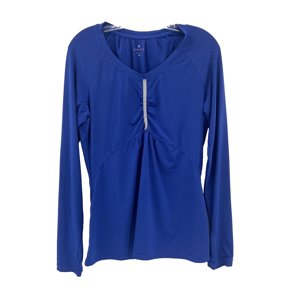 ATHLETA Womens M Blue Striped Pump It Up Long-Sleeve Ruched Chest Scoop Neck Top